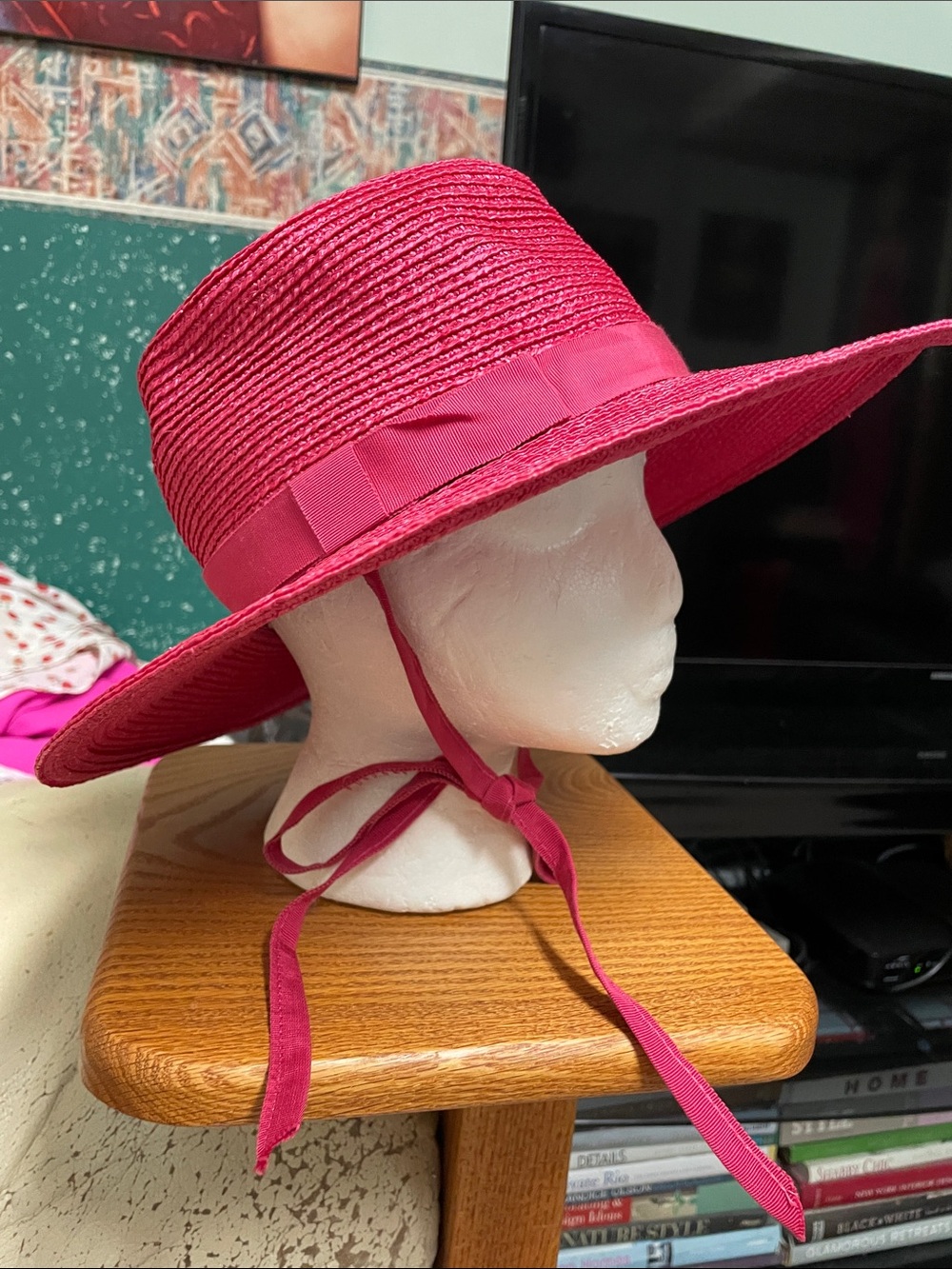 Vintage pink straw ribbon fedora with chin ties - adorable